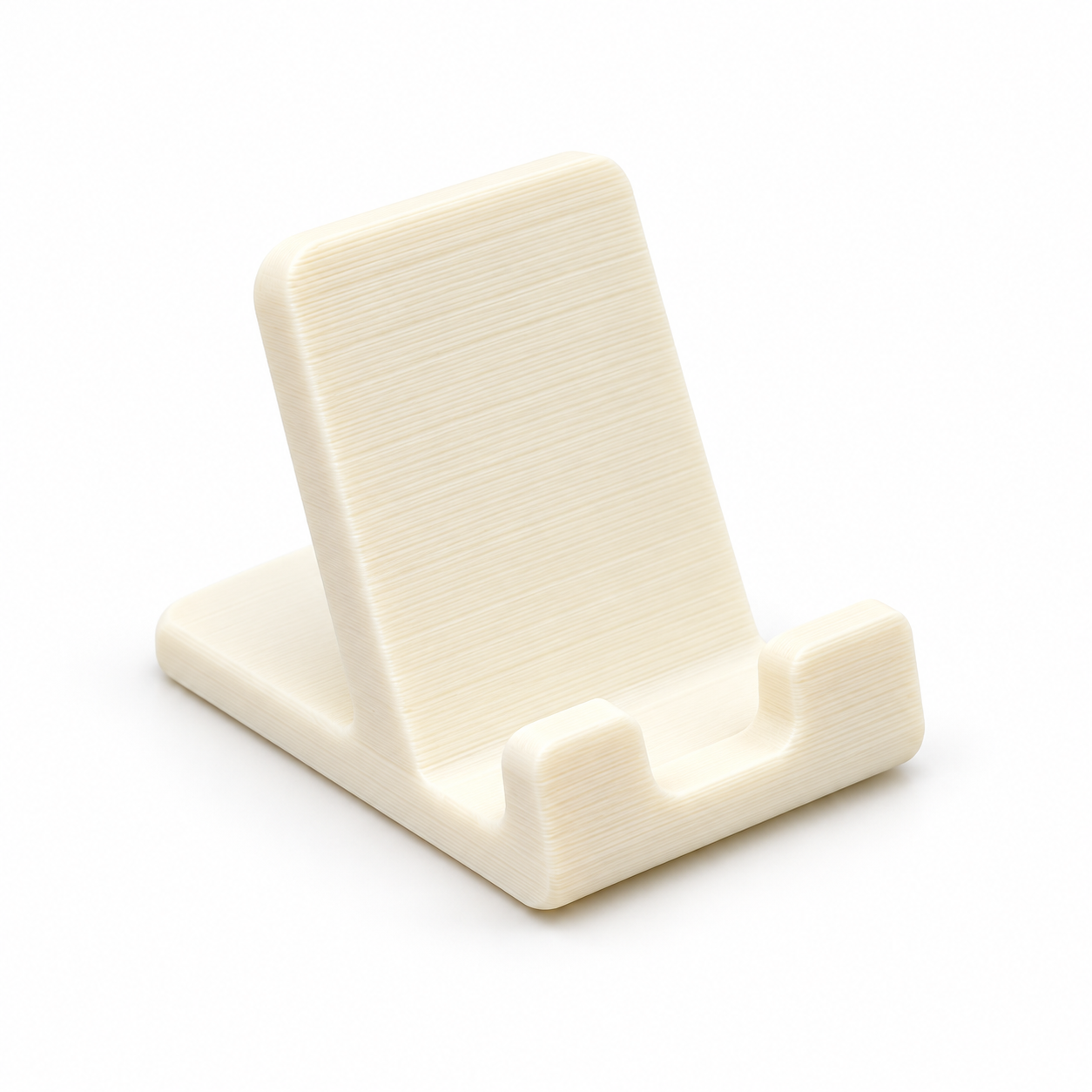 Ivory 3D-printed phone stand on white
